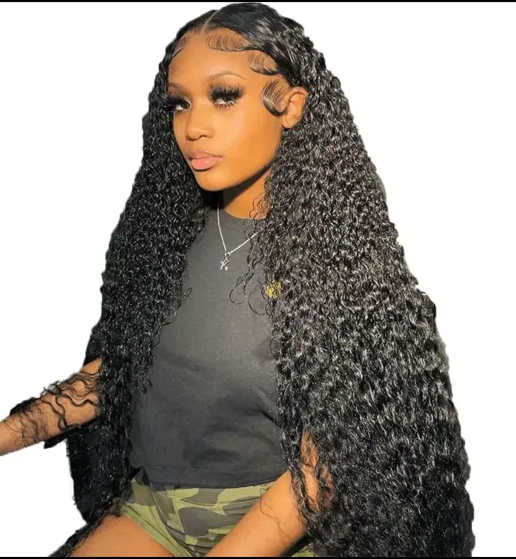 13x6 Deep Wave Lace Front Wig, 30in Heat Resistant Human Hair, Glueless HD Transparent Lace, 180 Density Pre-Plucked Natural Black Heat Resistant Wig, Female, Glueless Front, Seamless Lace, Everyday Wear