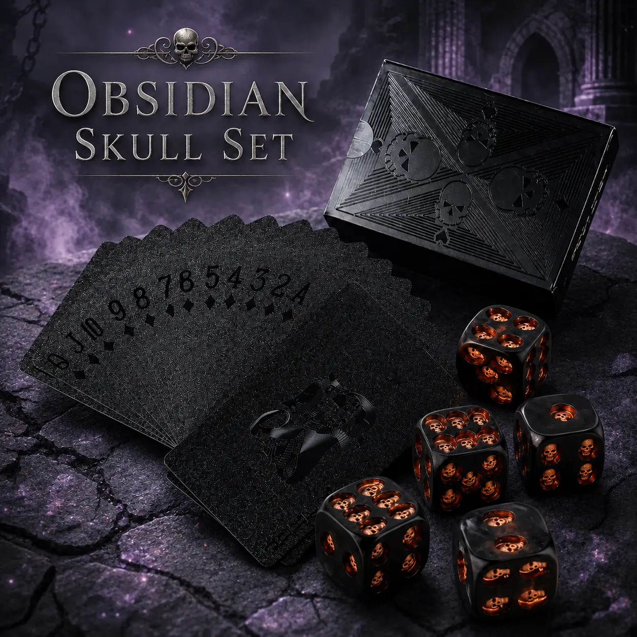 5PCS Resin Skull Dice Set with Waterproof PVC Playing Cards, DND RPG Dice Accessories, Gothic Dice and Card Game Set, Tabletop Party Game Gift