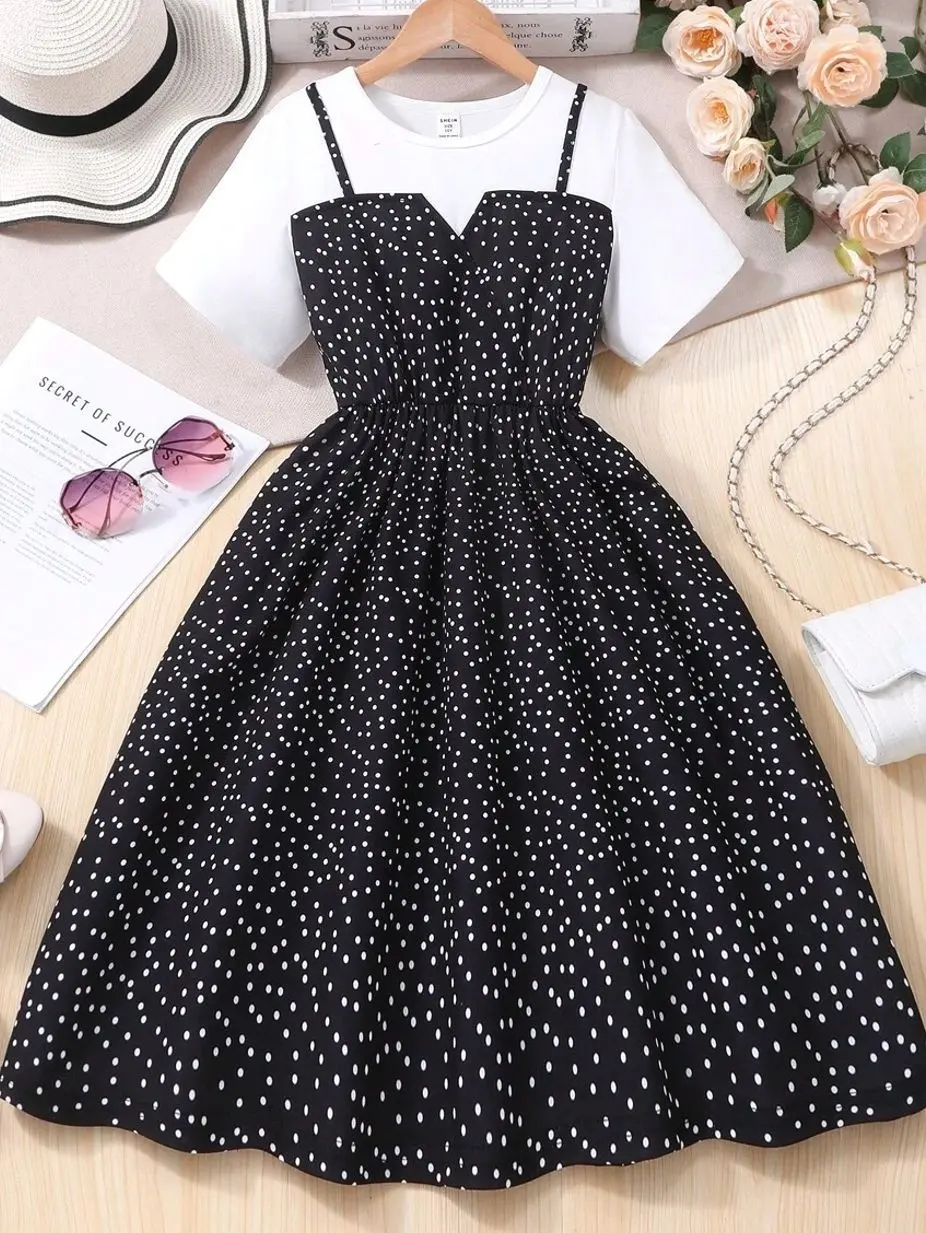 Tween Girls Casual Polka Dot Strap Dress - Patchwork, Short Sleeve - Summer Holiday Outfit