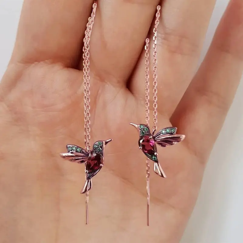 Bling Style Bird Motif Earrings, Women's Rose Gold Tone Hummingbird Threader Drop Design with Sparkling Cubic Zirconia, Exquisite Jewelry Gift