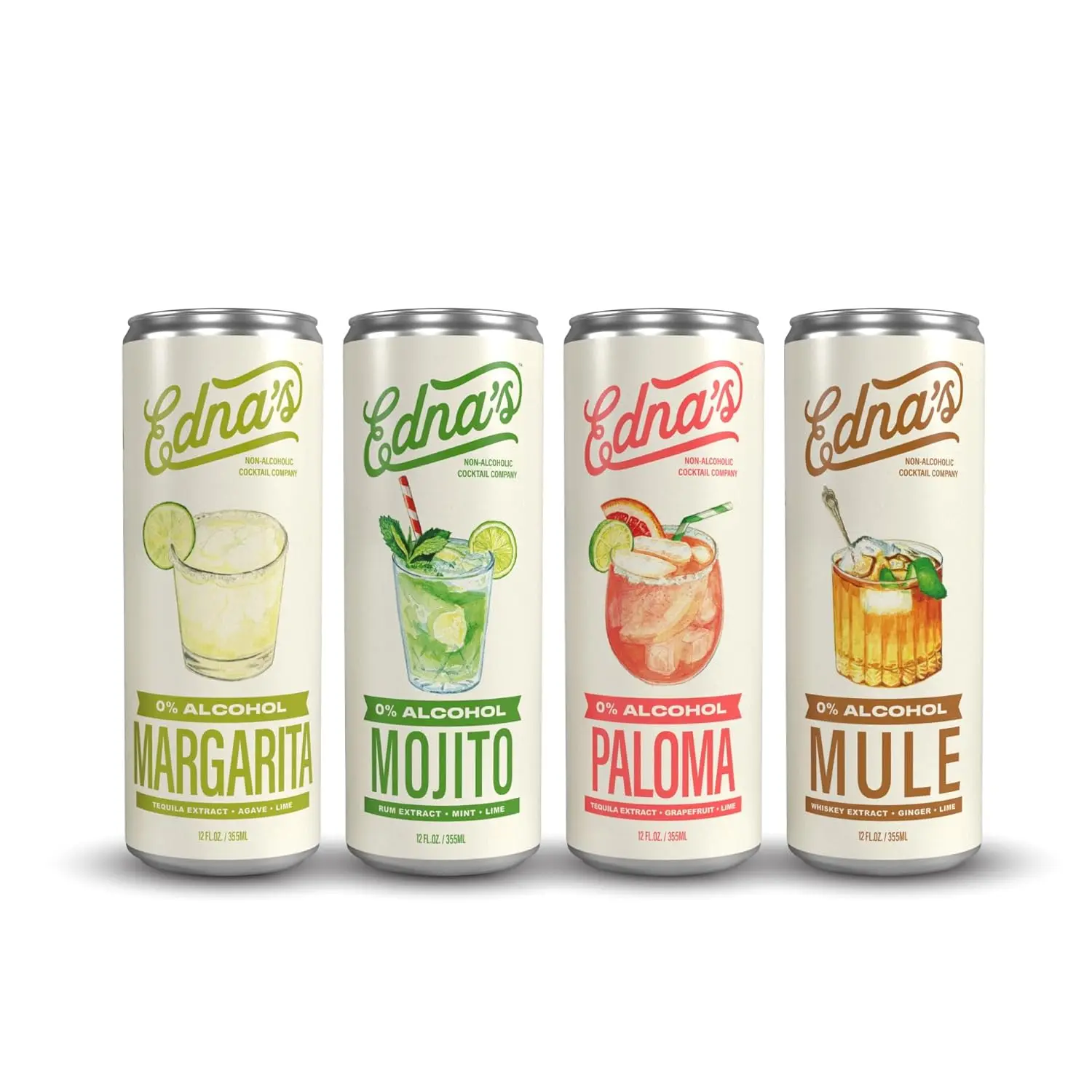 Edna's Non-Alcoholic Cocktail Variety Pack | Ready-to-Drink Sparkling Mocktails | Premium Zero Proof Beverage Mixer | 0% ABV | 12 fl oz Cans | 12 Pack