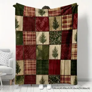 2D Printed Flannel Blanket Christmas Themed Patchwork Design Soft Comfortable and Warm Multi scene Application Essential for Sofa Bed Office Camping Perfect Holiday Gift for Family and Friends Autumn W