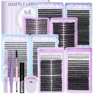 QUAFFLY Lash Clusters Kit Wispy Eyelash Clusters Kit Cat/Natural/Bottom Lash Extension Kit with Lash Bond and Seal,Remover,Tweezers,Dual-Ended Brush,Lash Curler,Eyelash Glue Extension(4 Boxes Kit-1)