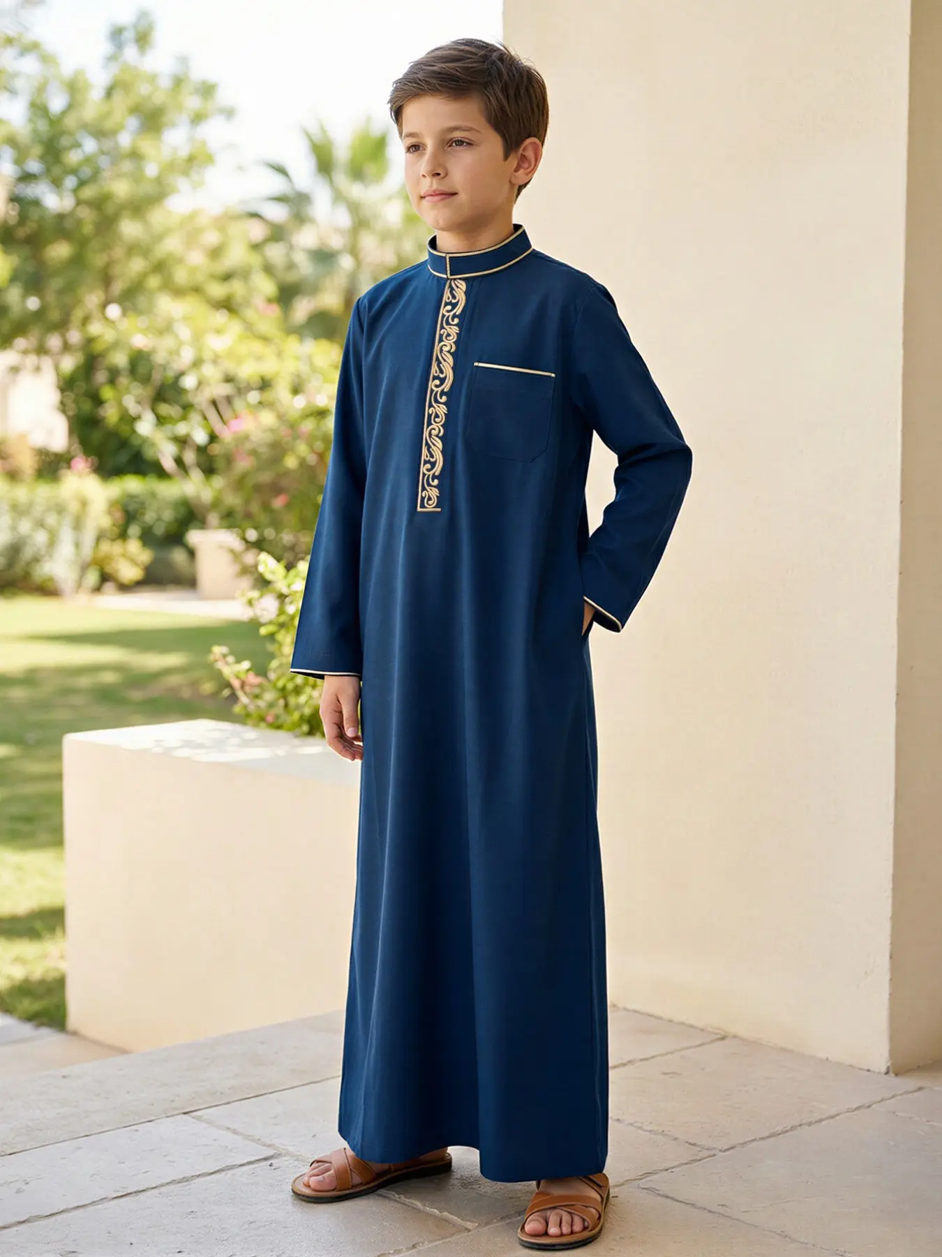 Muslim Blue Traditional Thobe Robe for Boys 8-12, Embroidered Stand Collar Long Sleeve with Pockets, Comfortable for Daily & Party Wear