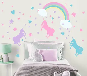 Unicorn Rainbow Wall Decals for Little Girls Bedroom (100 Pieces w/ CUSTOM Name Stickers)