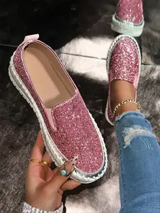 Women's Elegant Sequined Slip-On Flat Shoes, Comfortable Tpr Sole, Anti-Slip, All-Season Fashion Sneakers, Metal Toe Detail