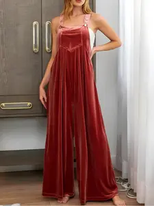 Plus Size Casual Solid Vintage Golden Velvet Pocket Bib Jumpsuit - 100% Polyester Round Neck Hand Washable Spring Autumn Wear Chic Comfortable Design for Women Overalls Brick Red Minimalist Sleeveless
