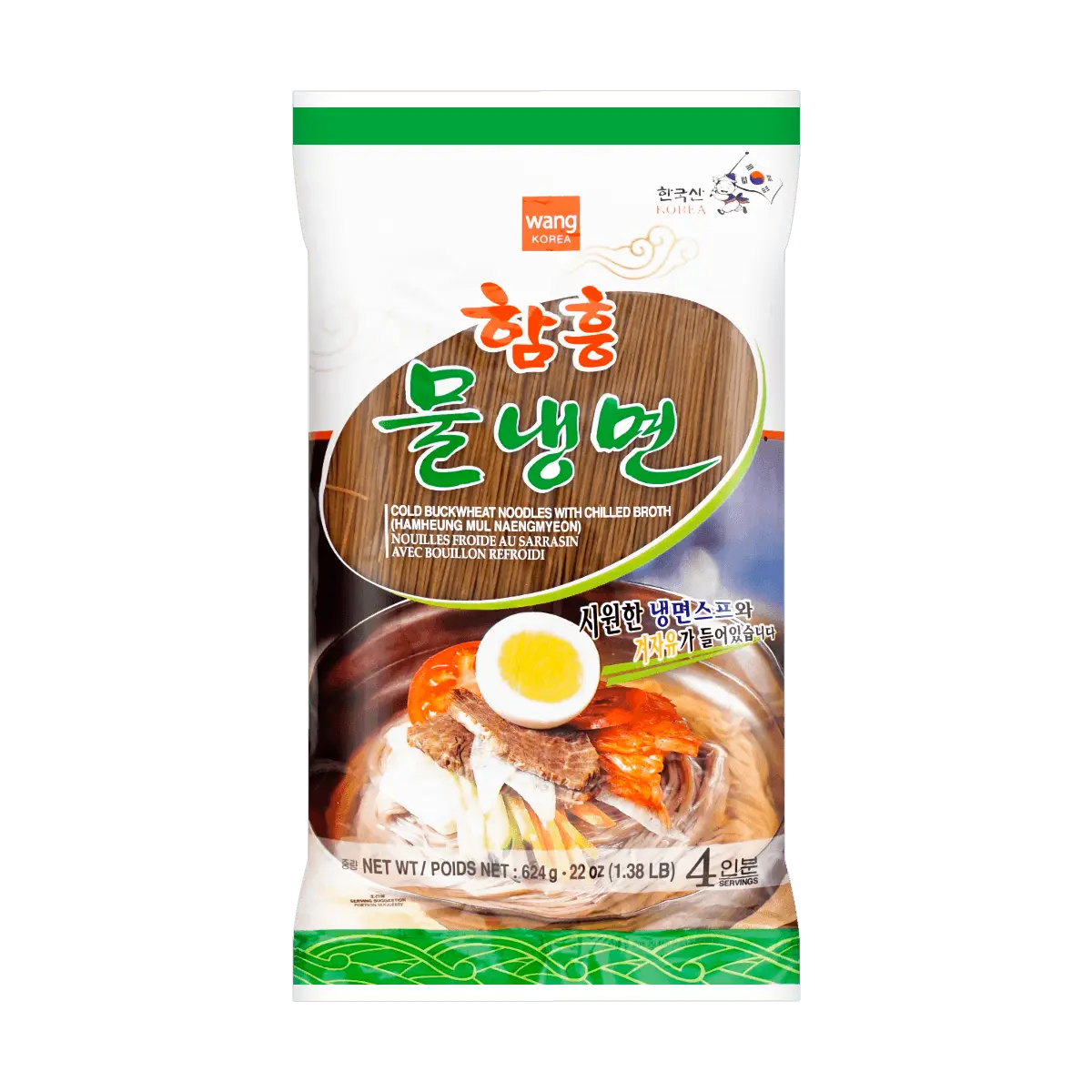 WANG FOOD Korean Cold Noodles (Naengmyeon) - Authentic Buckwheat Noodles, Original Flavor, Seasoning Included, 4 Servings (624g)