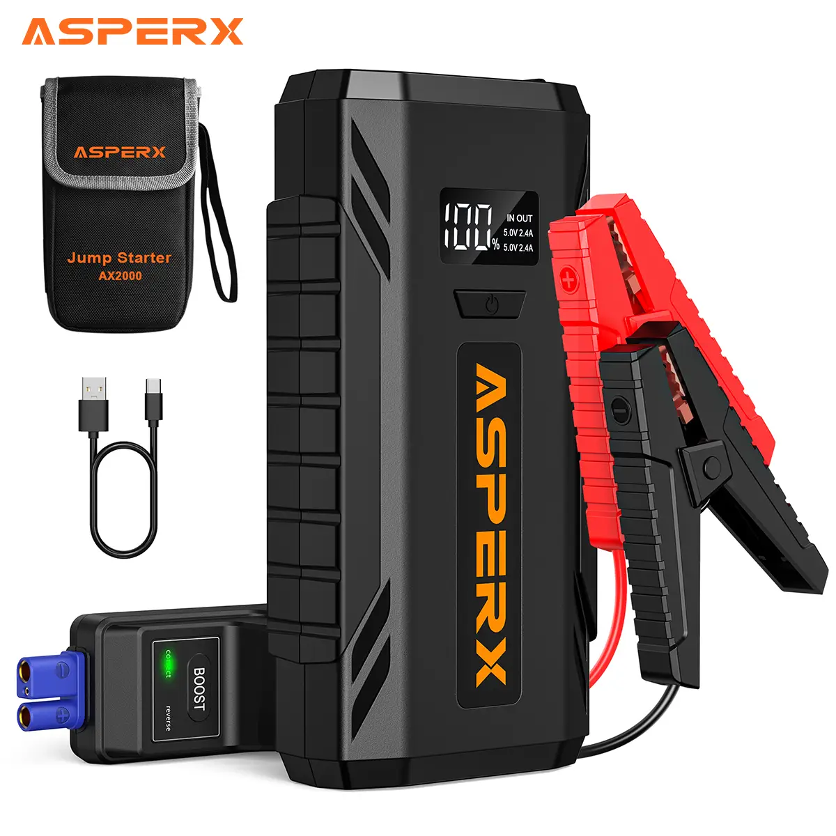 AsperX 2000A Portable Car Jump Starter, 12V Battery Jump Box with 1.4 INCH LCD Display, LED Flashlight Automotive Jumper Cable