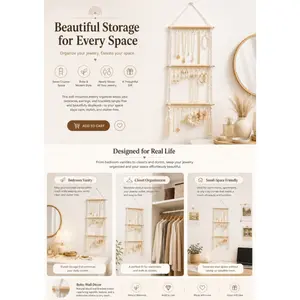 Three-Tier Wall-Mounted Jewelry Organizer, Bohemian Wooden Rod Woven Rope Jewelry Display Stand, Earring and Necklace Storage  earring storage. Wall storage  multi-scenario applicable (DM118)