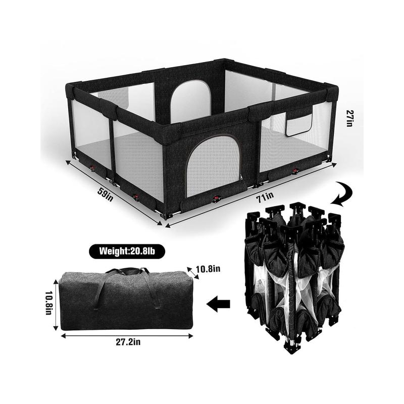 Foldable Baby Playpen with Gate, Extra Large Collapsible Play Yard for Babies & Toddlers, Portable Travel Playpen, Baby Activity Center for Indoor & Outdoor Use (Black 59"*71")