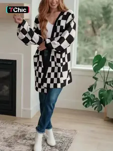 Women's Plaid Print Pocket Drop Shoulder Loose Fit Sweater Cardigan, Casual Long Sleeve Open Front Knitwear for Spring & Fall, Fashion Women's Knit Clothing for Daily Wear