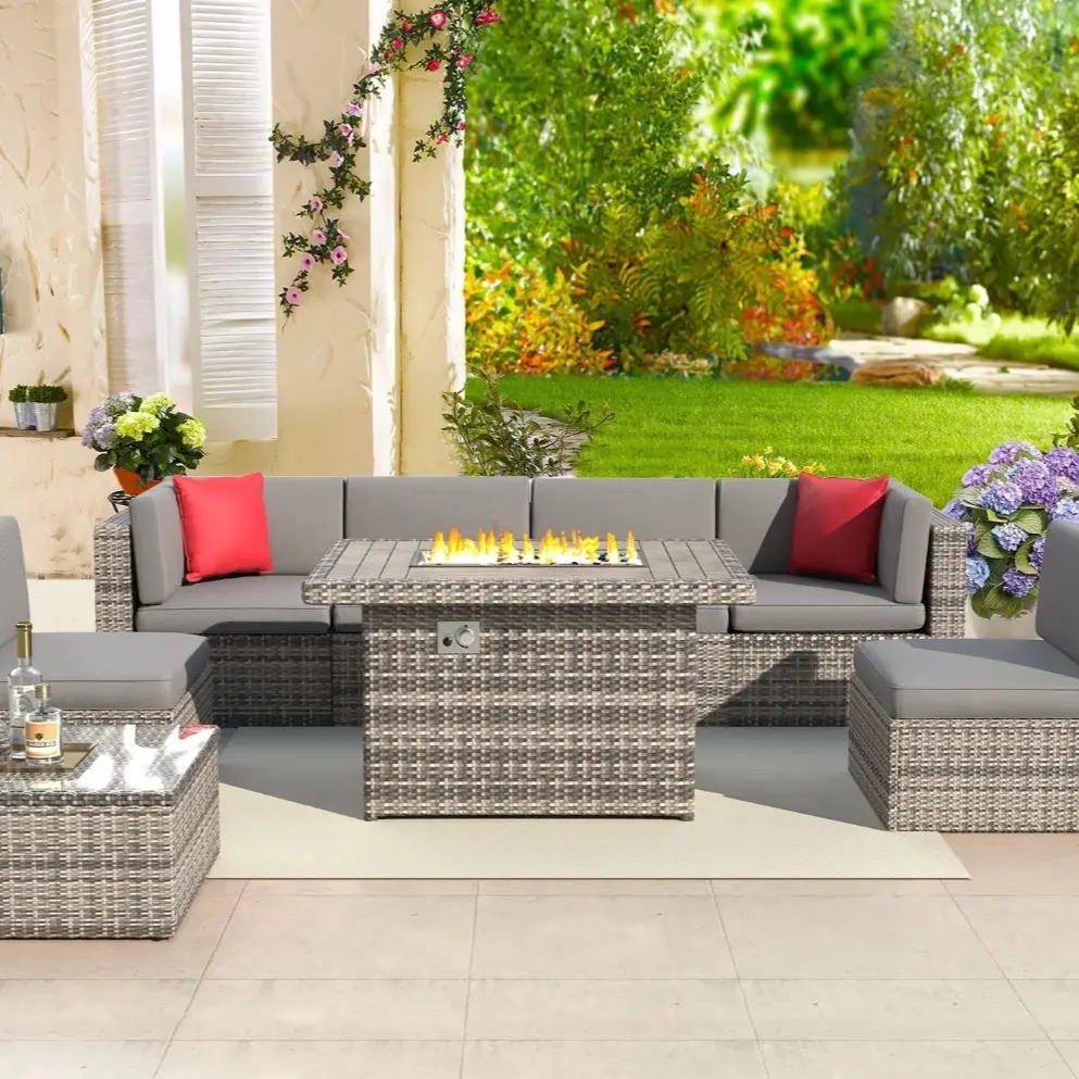 Aoxun 8 PCS Outdoor Patio Furniture Set with 44-inch Fire Pit Table, Gray Cushions