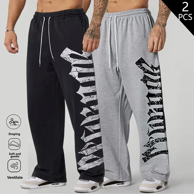 Clean Gent Men’s Casual Loose Jogger Pants, 2-Pack — Street Fashion Style, Letter Print Design, Drawstring Waist, Elastic Waistband, Regular Fit, Skin-Friendly, Breathable, Soft and Comfortable Fabric, Suitable for Everyday Wear, Running, Gym Workouts