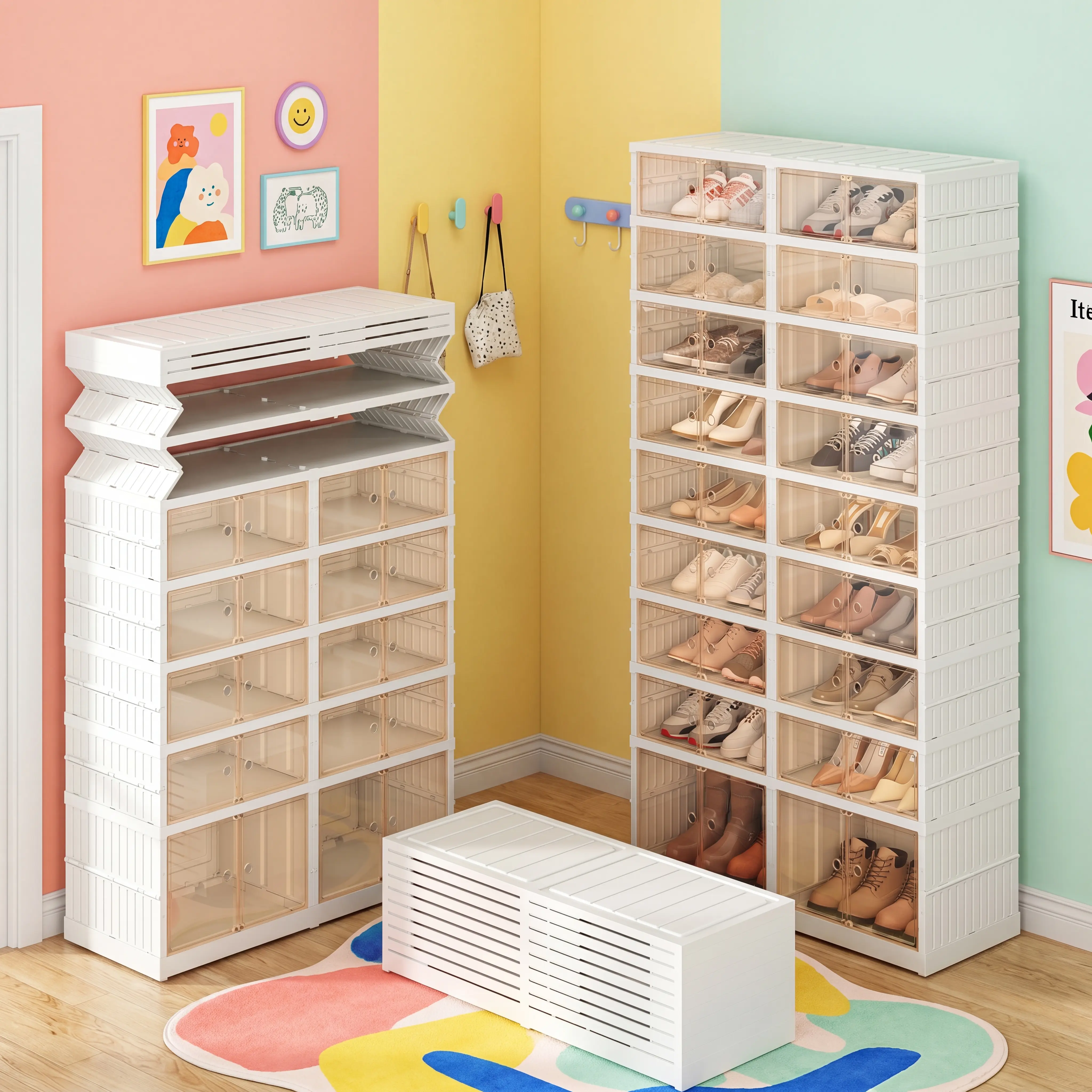 【JOYVELLEHEIM】9 Tier 36 Pairs Foldable Shoe Rack Organizer, Clear Portable Plastic Shoes Rack, Collapsible Shoes Storage Box with Lids Door, Large Tall Shoe Cabinet for Closet home furniture space-saving vertical multi-functional