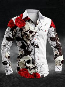 Men's Fitted Collared Long-Sleeve Button Down Graphic Top - Dark-Style Skull and Rose All-Over Print, Stiff Straight Polyester Fabric, All-Season Casual Party Wear, Menswear Fashion Shirt, Button Down Shirt