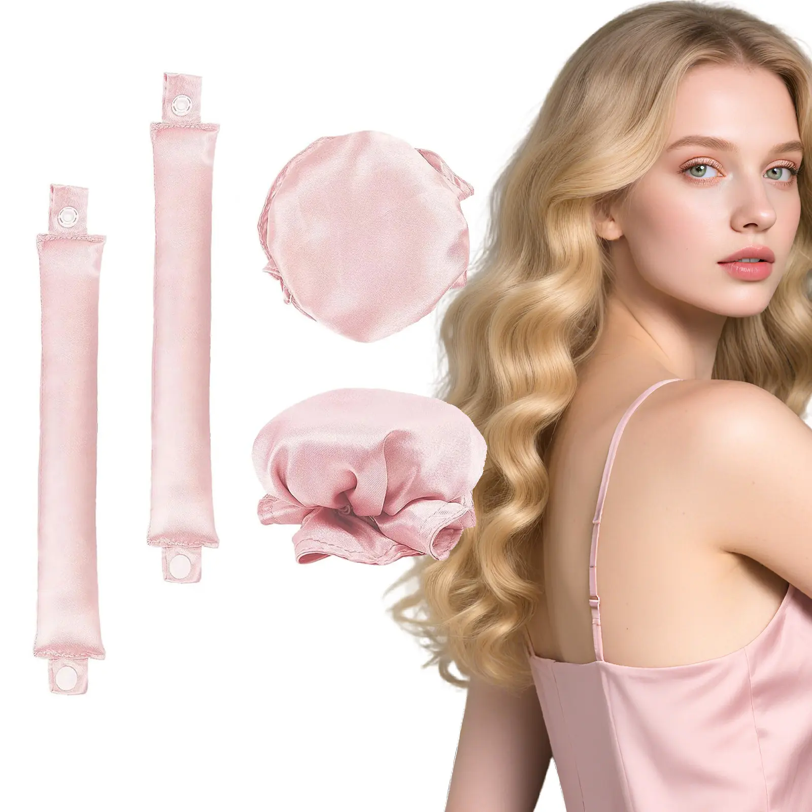 Heatless Hair Curler 4-Piece Wavy Styling Kit, Satin Curling Rod Headband & Hair Rollers for Damage-Free Curls (Pink, Black), Hair Rollers Curlers