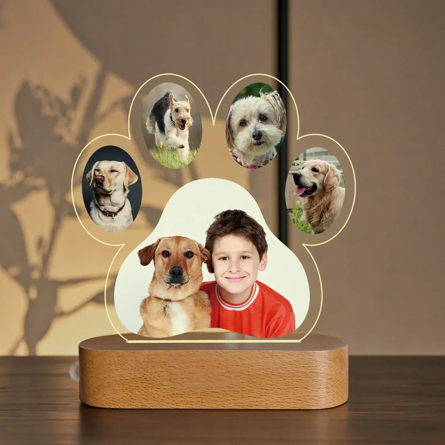 Personalized Paw Shape Acrylic+LED Dog Picture Frame, Custom Multi-Pet Photo Display with Cozy Atmosphere Warm Glow, USB Cable-Included Durable Acrylic Memorial Gift for Dog Lovers, High-Quality Craftsmanship, Playful Design