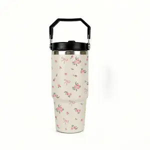 Vintage Floral Pink Bow 30oz Tumbler With Handle - Shabby Chic Cup - Aesthetic Mother's Day Gift For Mom