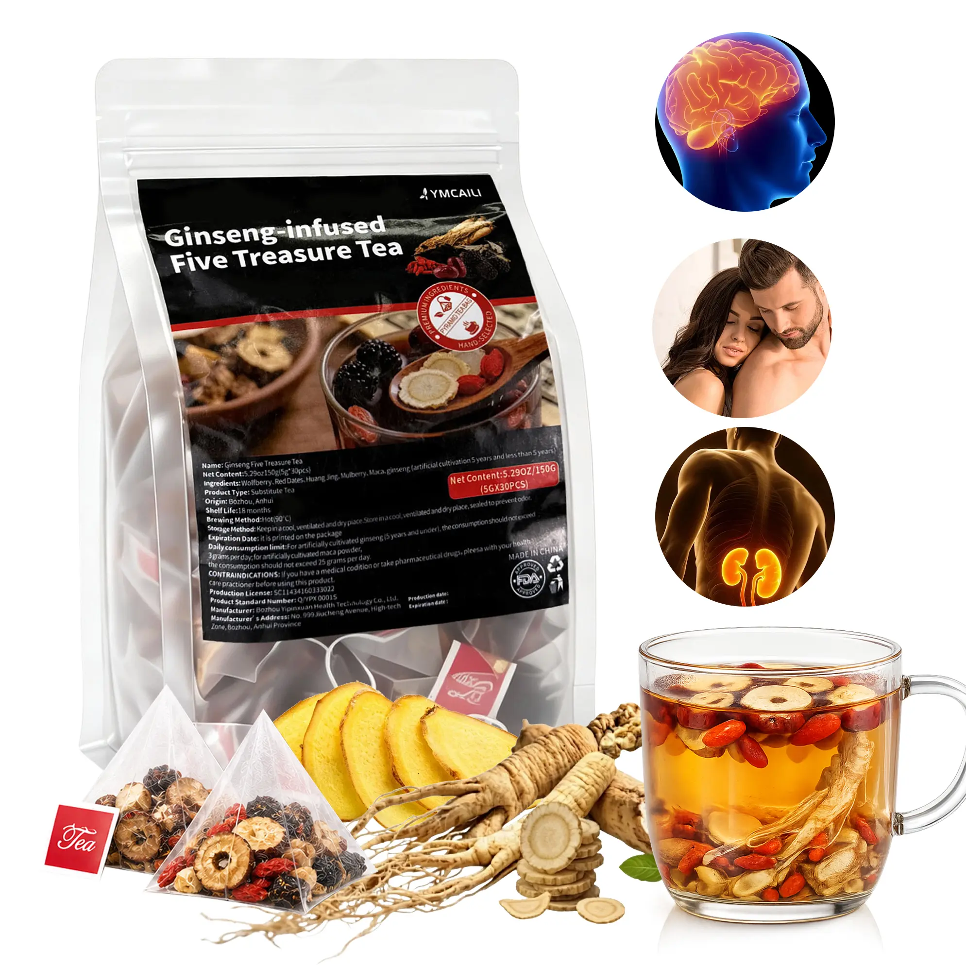 Ginseng 5 Treasure Herbal Tea Bags - Kidney Cleanse & Detox Formula with Mulberry, Traditional Chinese Tea for Men & Women, 30 Bags/1 Pack