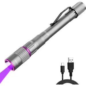 Rechargeable Pen Flashlight with UV Light and White Light, 395nm Black Flashlight with Clip, Zoomable 4 Modes with Memory, USB C , for Camping, , Pet  Detection,Grey