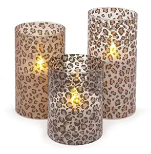 Wild Leopard Animal Print Flameless LED Glass Pillar Candles, Set of 3, 6-Inch Decorative LED Candle, Battery Operated Home Décor, Safari Style Accent Lighting