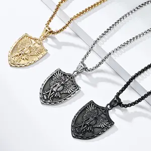 St. Michael's Archangel Titanium Steel Necklace Men's European and American Retro Shield Pendant Jewelry