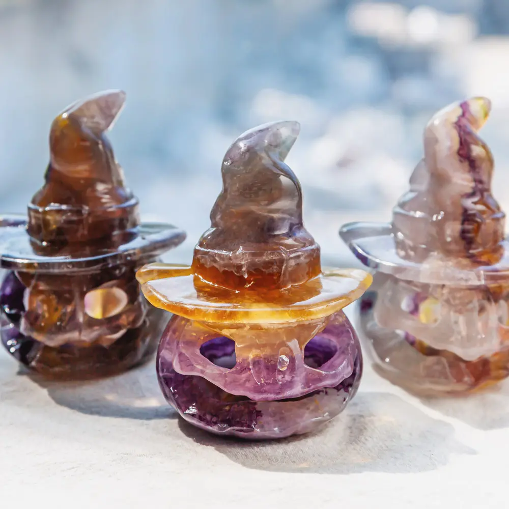 Halloween Fluorite Pumpkin Carving | Natural Crystal Decor | Unique Holiday Gift, Energy Cleansing Stone