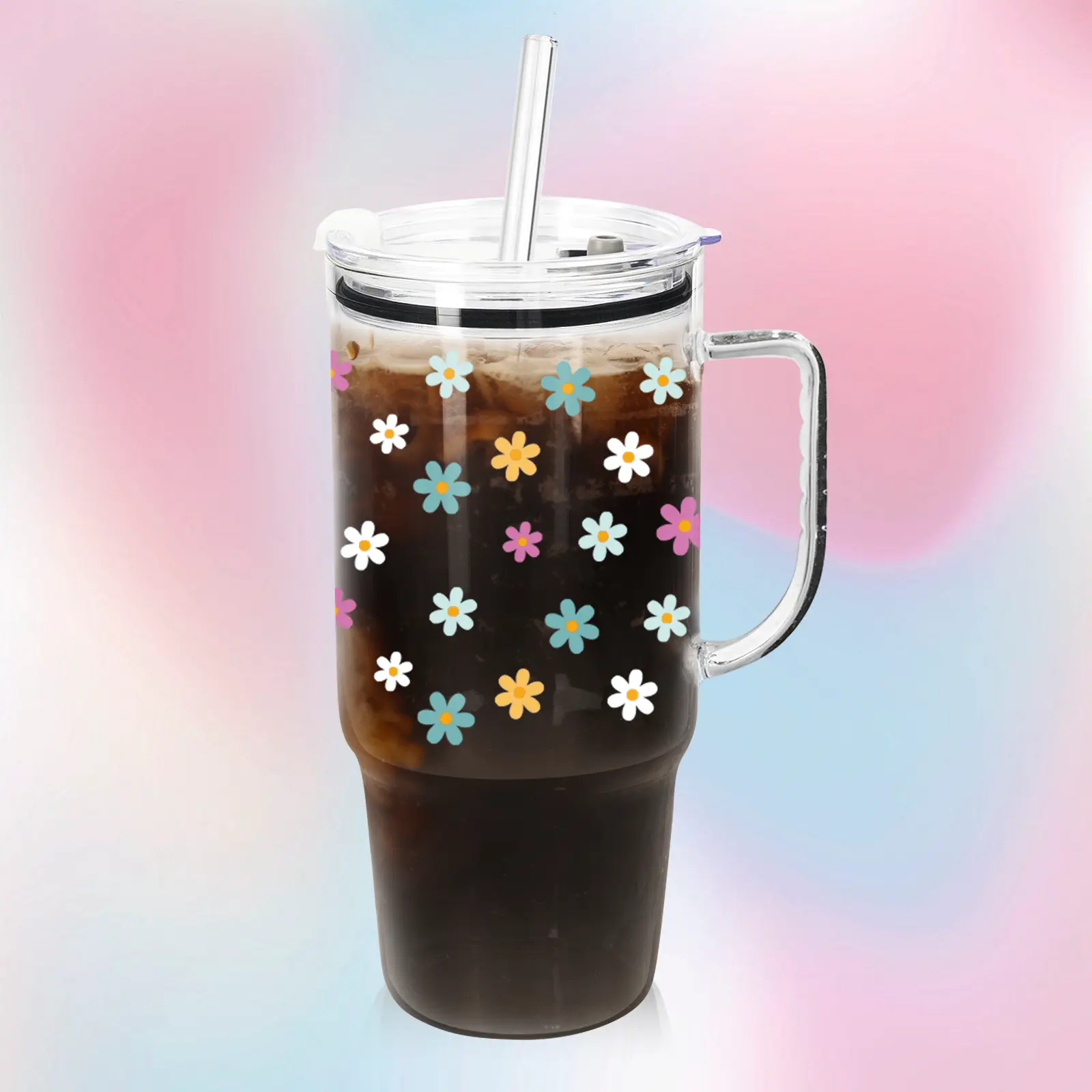 40 oz Glass Tumbler with Handle-Christmas Gifts for Her-Iced Coffee Cup Fits in Cup Holders, Reusable for Travel, Floral Decor, Drinkware, Water Bottles Bottled