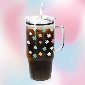 40 oz Glass Tumbler with Handle-Christmas Gifts for Her-Iced Coffee Cup Fits in Cup Holders, Reusable for Travel, Floral Decor, Drinkware, Water Bottles Bottled