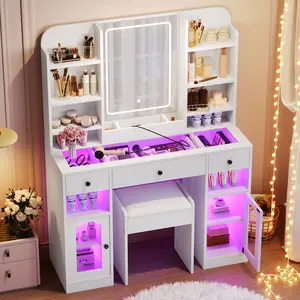 43.2" Vanity Desk with LED Mirror and Lights, Glass Top Vanity with RGB Glass Light Cabinets, Dressing Table with 3 Drawers ,Storage Shelves and Stool for Bedroom, Black