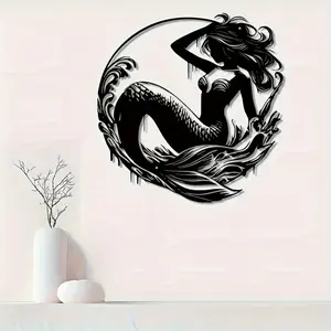 Wall Art Sculpture - Elegant Black Iron Mermaid with Exquisite Tail Design, Horizontal Wall Mounted IndoorOutdoor Decoration, Suitable for Living Rooms, Courtyards, Gardens - Battery/Electricity Free, Durable Metal Art, Suitable for Halloween, Christmas,