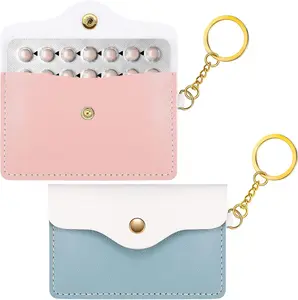 Tondiamo 2 Pack Birth Control Pill Case Holder PU Leather Wallet Pill Sleeve Packet 4.33 X 3 Inch Birth Control Pouch with Snap Closure Key Ring for Card Organizer(Pink, Blue)