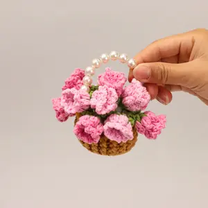 Handmade Mini Yarn Flower Basket, Cozy Home Decor, Dried Flower Arrangement, Aesthetic Coffee Cup Mat, Elegant Floral Ornament