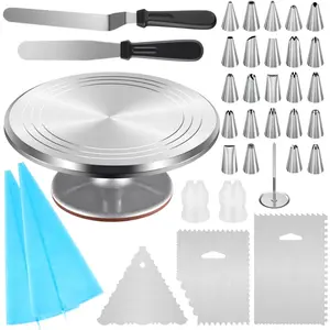 Aluminium Cake Turntable, 12 Inches Rotating Cake Stand, 35 pcs Cake Decorating Kit Supplies with 24 Numbered Icing Piping Tips, 2 Frosting Spatulas, Pastry Bags and Other Baking Tools