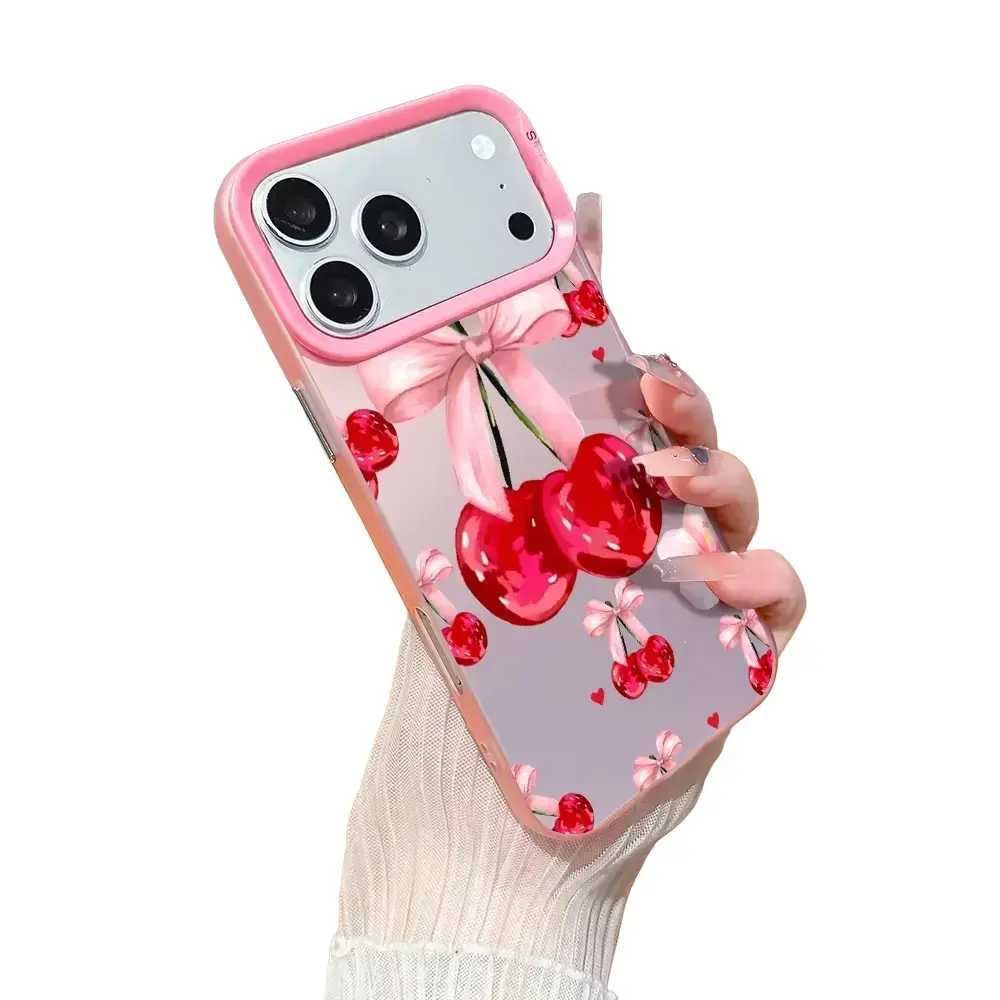LUMN Studio Cute Pink Bow & Red Cherry Printed Ultra-Thin Shockproof Phone Case for iPhone 11-17 Pro Max - Durable Aesthetic Cover with Full Screen Lens Guard, Protection Accessories