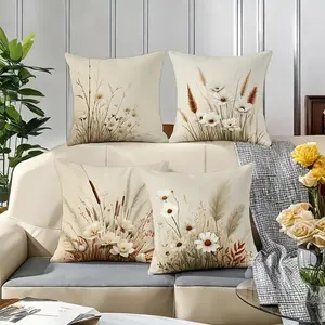 4-Pack Wabi-Sabi Dried Flower Plant Cushion Covers, 2D Flat Print Sofa Pillow Cases, Elegant Home Decor Accessories