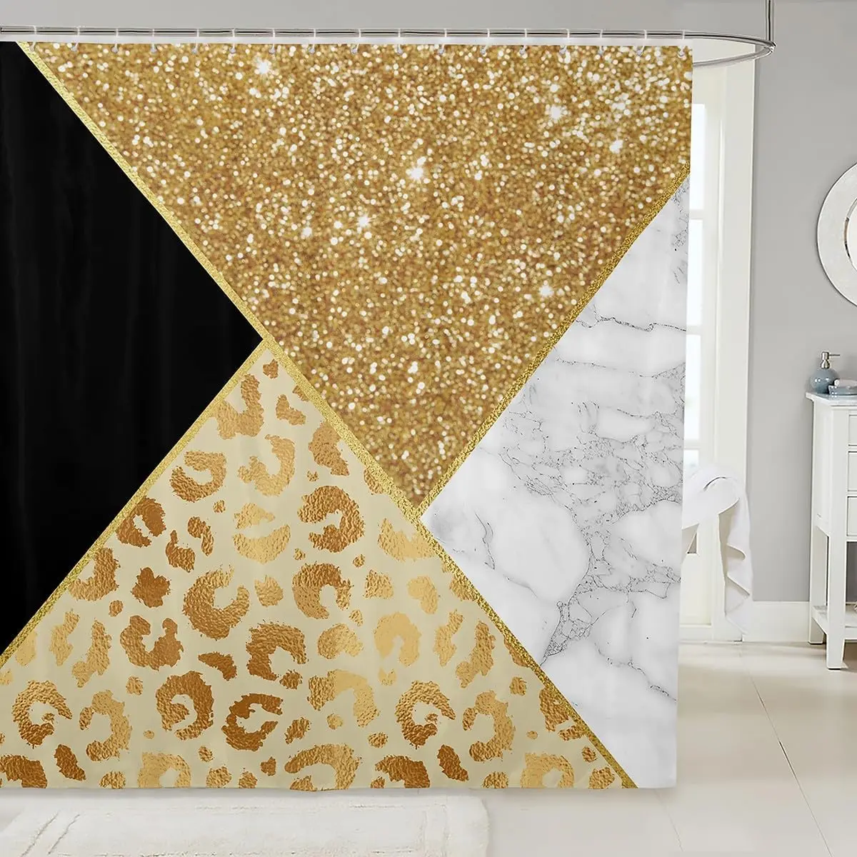 Marble Shower Curtains Gold Glitter and Leopard Print Waterproof Bath Curtains Suits for Bathtub,Black White Marbling Bathroom Curtains