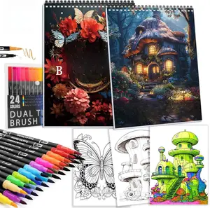 Apolyone Adult Coloring Book for Women Relaxation Spiral Bound Mindfulness Book with 24 Dual-tip Markers 48 Pictures Butterfly & Pumpkin House Themes Ideal for Anxiety Relief Gifts