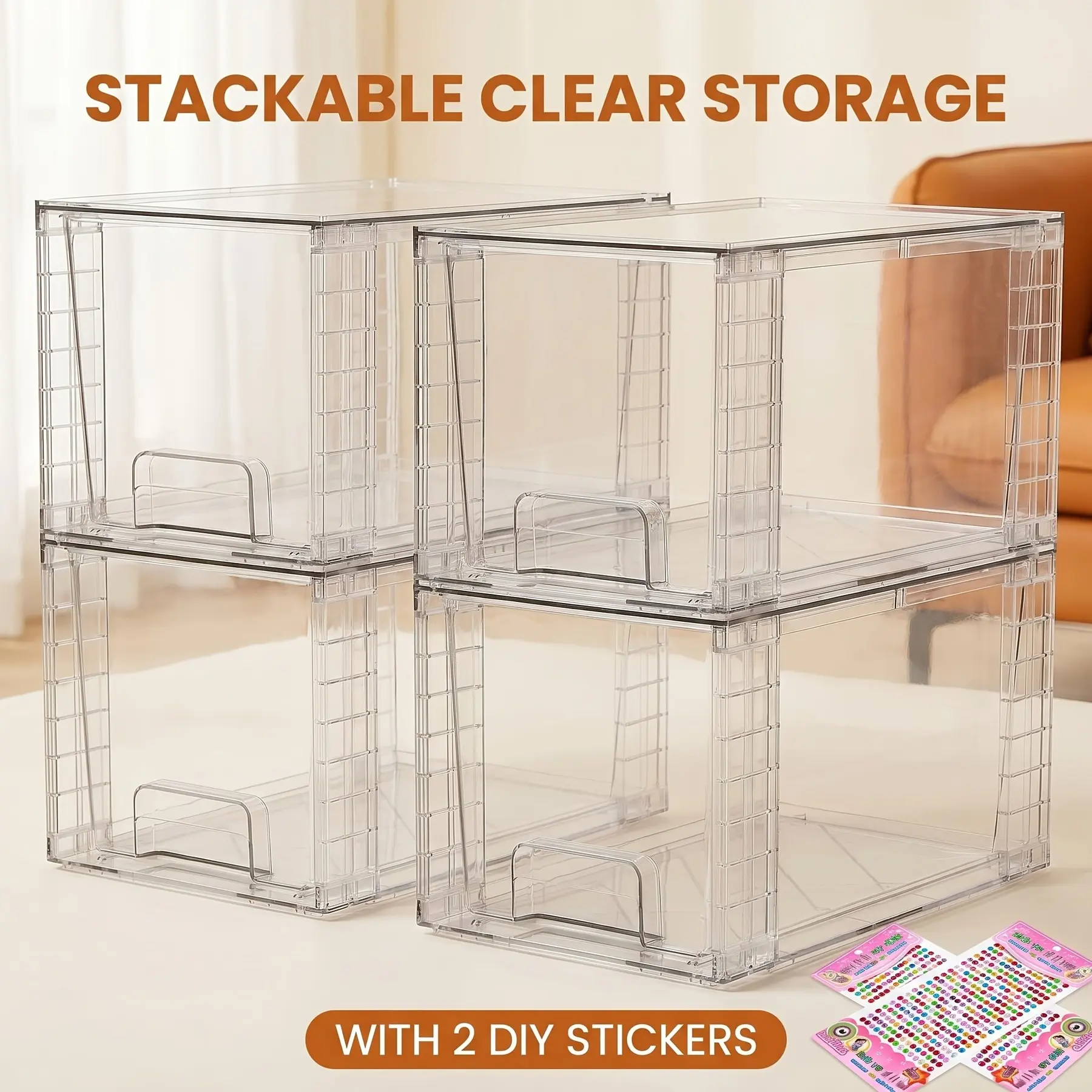 4 Packs Holiday Decor Storage Cabinets with 2pcs 6Mm Colorful Rhinestone Stickers, Decoration, Acrylic Bathroom Closet Undersink Organizers And Storage, Plastic Bins for Kitchen, Pantry, Makeup, Cabinet Organization, Stackable Storage Boxes