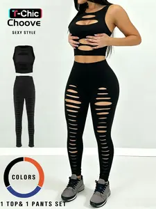 Women's Sexy Hollow Out Sleeveless Crop Top Camisole and High Waisted Leggings Pants Set, Matching, Fitted, High Stretch Fabric, Fit, Casual Ripped Design, All Seasons Wear