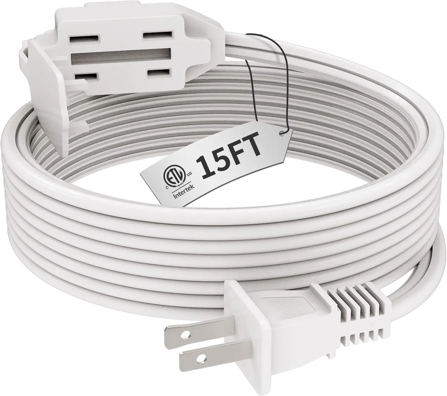 Indoor White Extension Cord 15 , 3-Outlet Household Extension Cord, 2 Prong, 16 Gauge, 3 Polarized Outlets with Safety Cap Protect for Home Office, 16/2 SPT-2 ETL Listed