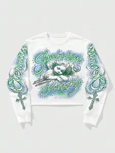 Men's Fashion Streetwear Long Sleeve Short Sweatshirt, Vintage Religious Style, Rhinestone Round Neck, Angel Print, Casual Daily Wear
