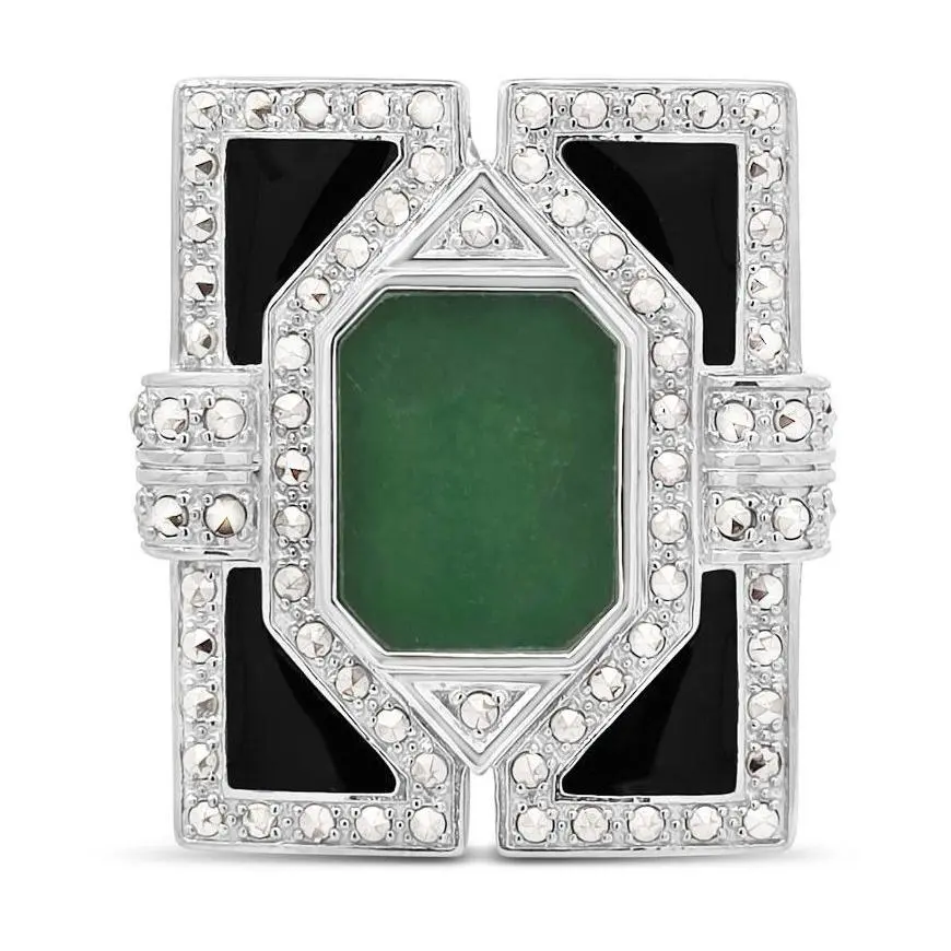 Dallas Prince Sterling Chrome Marcasite, Onyx &Jade Deco Ring
