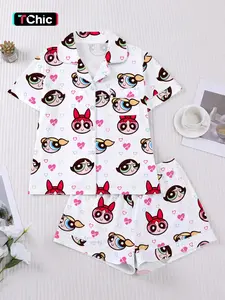 2-Piece Powerpuff Girls Print Women's Pajama Set, Short Sleeve Button-Down Top & Elastic Shorts, Elegant Casual Sleepwear