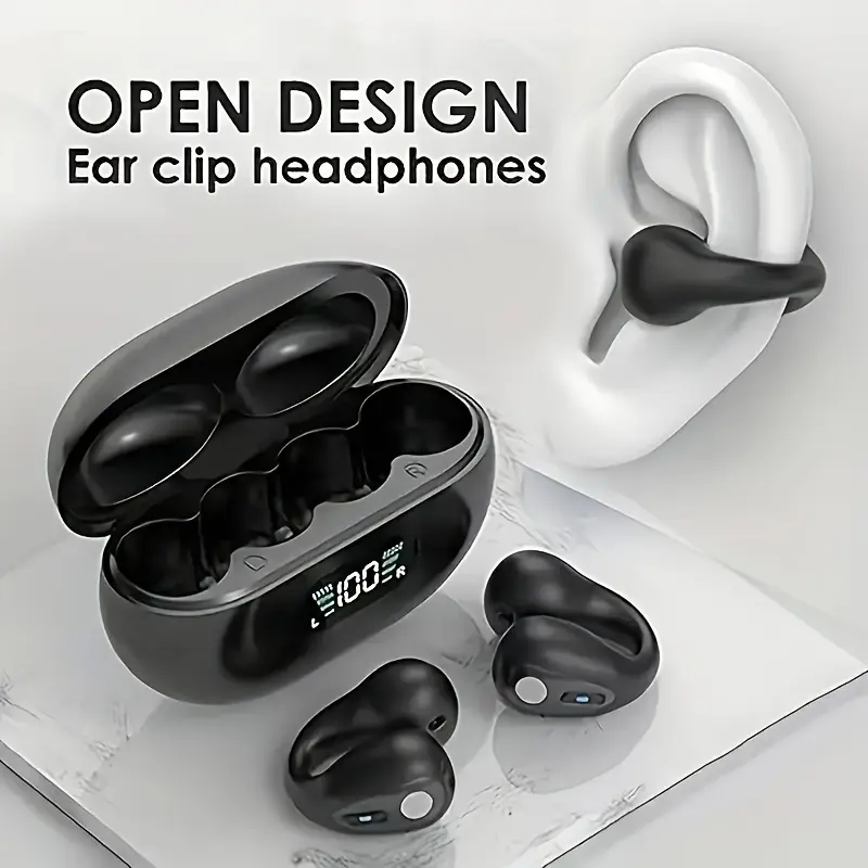 Open-style Bluetooth earphones, clip-on earphones, stereo wireless earphones, with LED battery display charging case, for sports and running, suitable for various scenarios