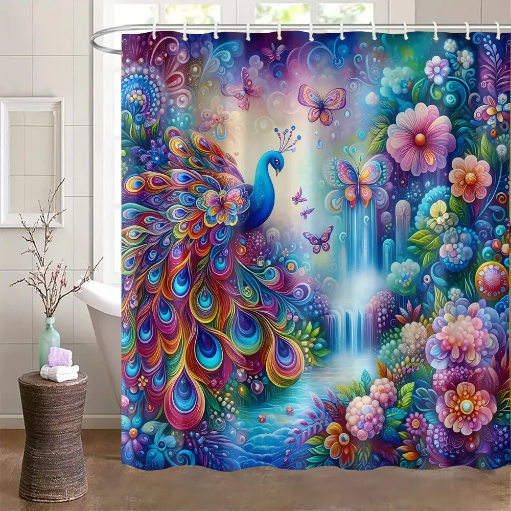 Vivid Peacock Bathroom Curtain, Polyester Fiber Fabric, 12 Hooks Included, Easy Installation, Modern Home Decor, Bath Room Partition