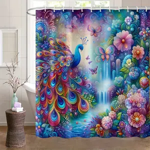 Vivid Peacock Bathroom Curtain, Polyester Fiber Fabric, 12 Hooks Included, Easy Installation, Modern Home Decor, Bath Room Partition