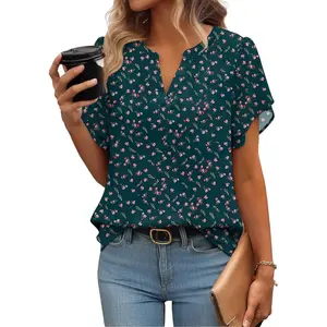 Womens Dressy Casual Shirts Short Sleeve V Neck Work Blouse Business Casual Summer Chiffon Tops Double-Layer for Comfort Dressy Petal Sleeve 2026 spring