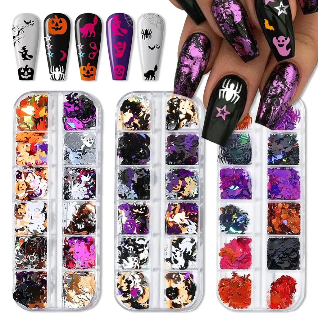 Women's Halloween 3D Hologram Nail Art Glitter Sequins Set - 3 Lightweight Small Boxes, 36 Styles, Themed Designs (Pumpkin, Face, Spider, Ghost, Skull) - Easy-to-Apply Nail Care Decor Supplies for DIY Crafts, Apply Easily